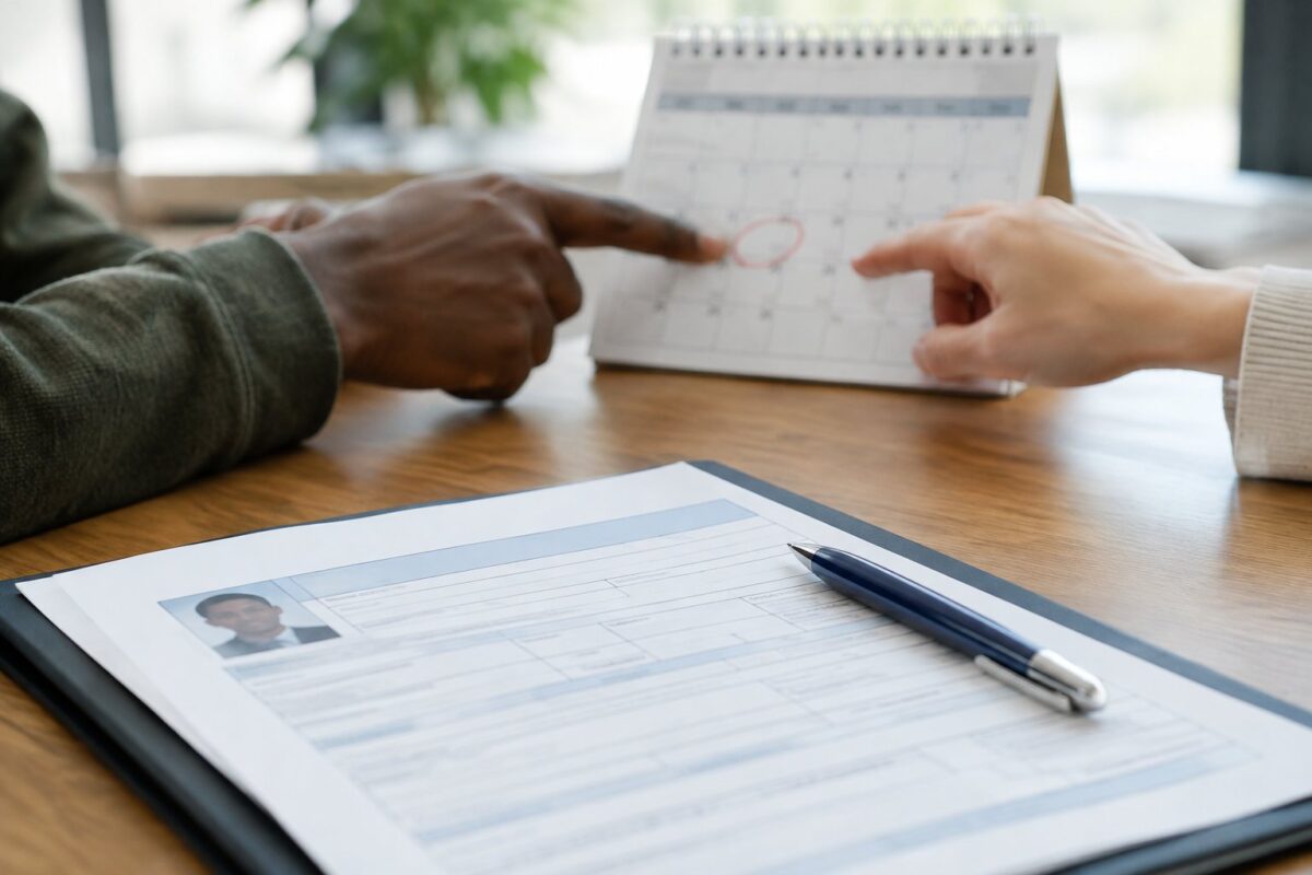 A person reviewing a work permit document next to a calendar showing an upcoming expiry date.