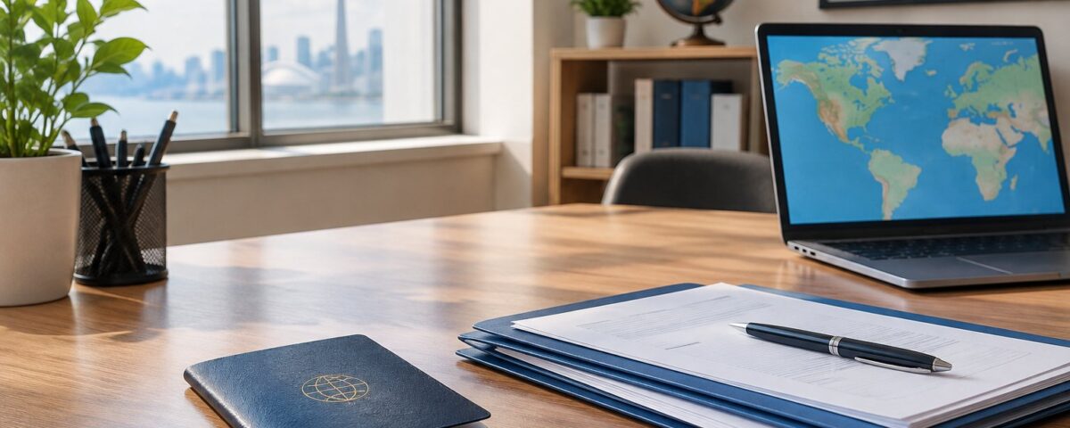 A desk with a passport and immigration documents being reviewed in an office setting.