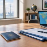 A desk with a passport and immigration documents being reviewed in an office setting.