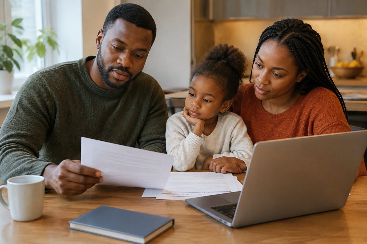 A family reviewing immigration paperwork together at home.