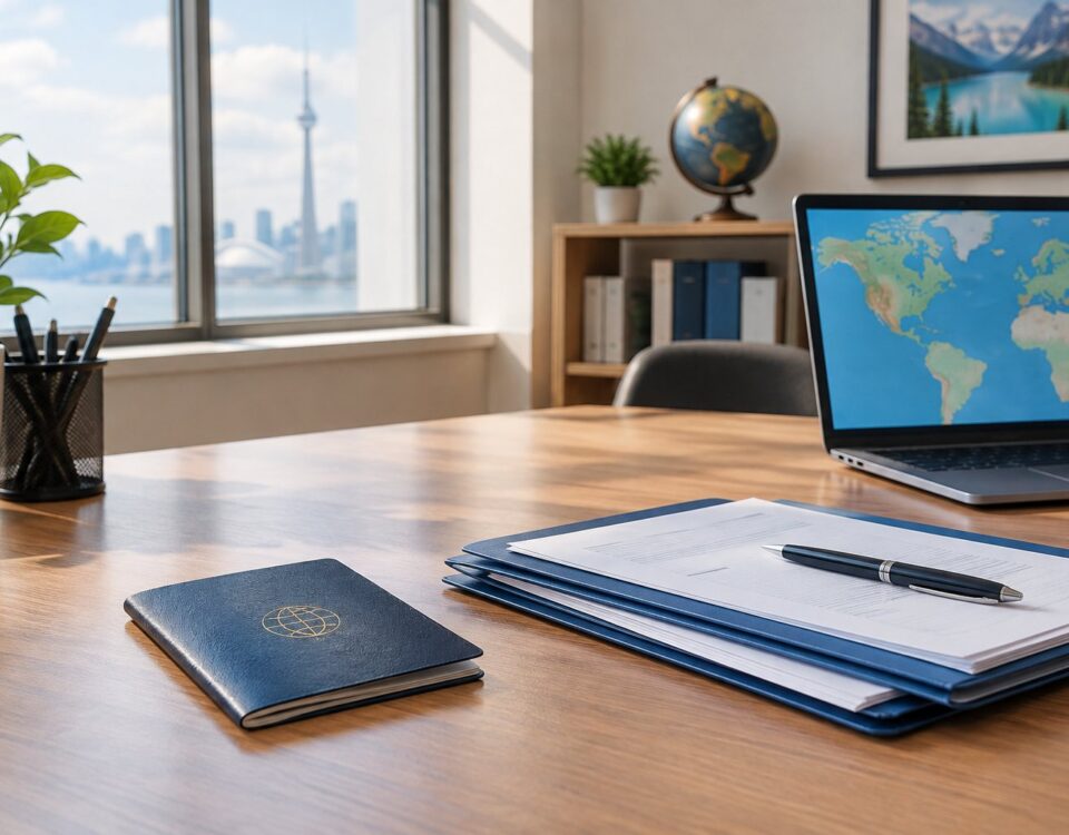 A desk with a passport and immigration documents being reviewed in an office setting.